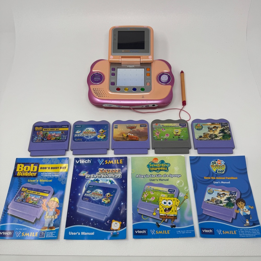 VTech V.Smile Cyber Pocket Pink Handheld Learning System 5 Games Manuals Stylus